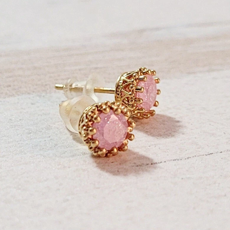 Brincos vintage folheados a ouro 14K formato redondo opala rosa feitos em Israel NOVO - Imagem 4 de 4