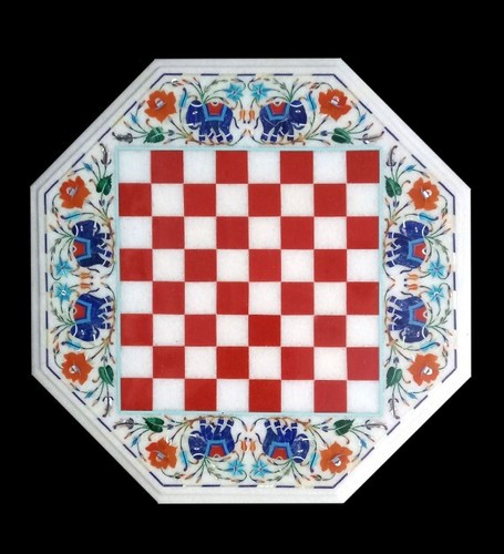 18" Marble Chess Table Top Semi Precious Stones Inlay Handmade Work - 第 1/2 張圖片