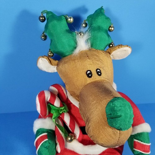 Vintage Christmas Reindeer Nylon Puffalump Style Plush 10" with Bells Santa Suit - Picture 3 of 6