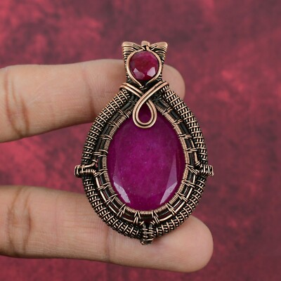Faceted Kashmir Rubi Pendant Handmade Gemstone Jewelry Copper Wire Wrap Pendant