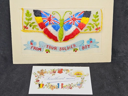 Antique WW1 Silk Embroidered Postcard "FROM YOUR SOLDIER BOY" W/ Card