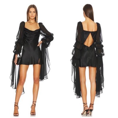 For Love & Lemons Willow Black Satin Mini Dress Sheer Sleeves Size Small