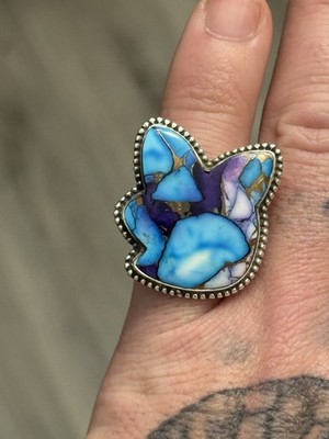 STERLING SILVER BIG BLUE ICE PURPLE DAHLIA TURQUOISE RABBIT BUNNY RING SZ 9 .925