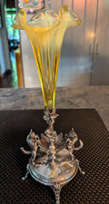 ANTIQUE VICTORIAN SILVERPLATE REED AND BARTON VASE EPERGNE WITH URANIUM GLASS