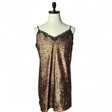 Morgan Taylor Leopard Print Slip Nightgown Cami Dress Black Lace Trim XL