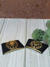 Vtg Black And Gold Tone Filigree Shoe Clips Metal With Cloth Vintage No Flaws