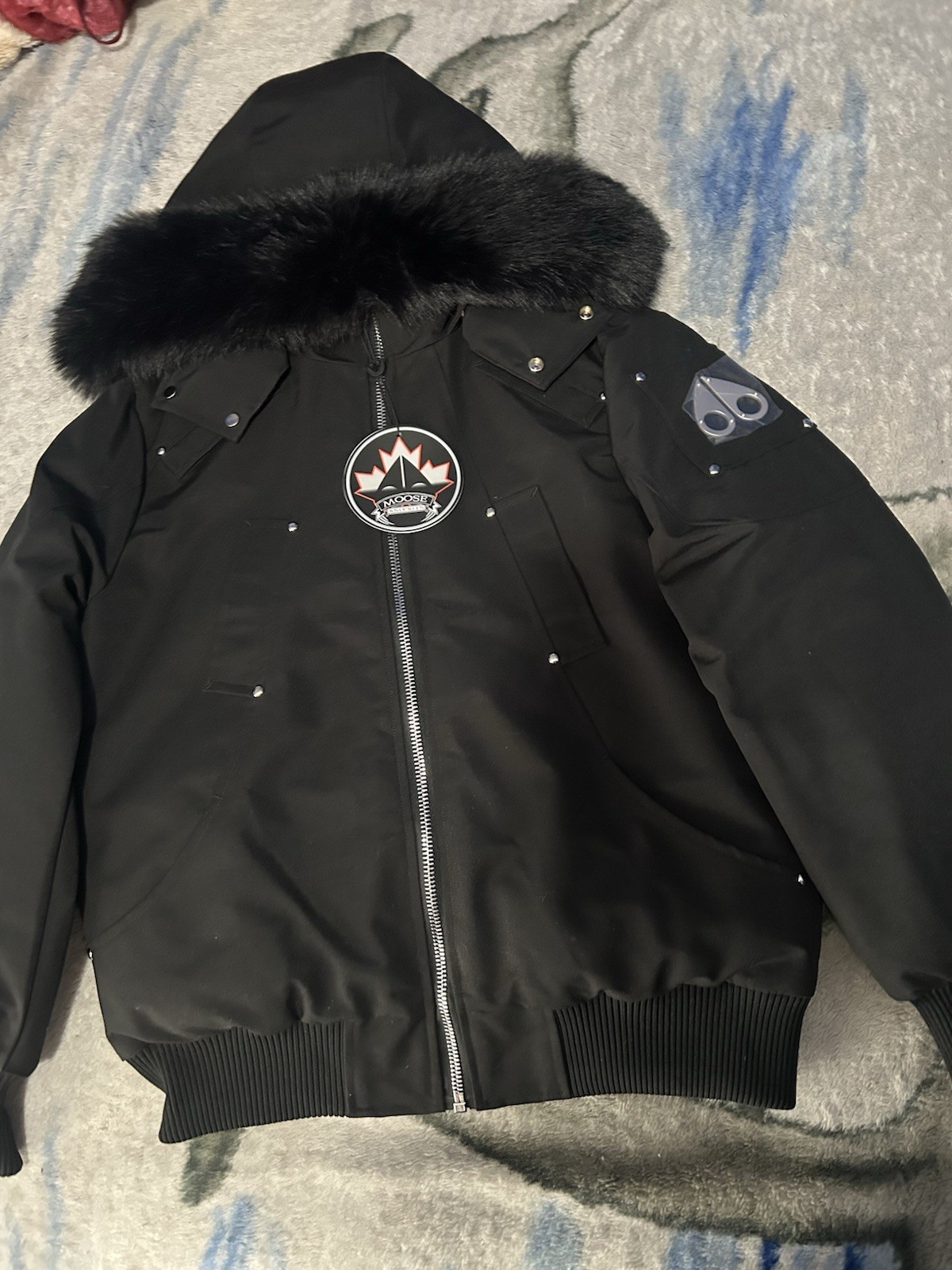 Moose Knuckles Men's Black Down Filled Hooded Bomber Jacket Fur Trim M
