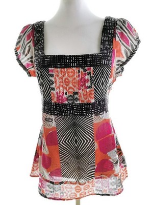 MONSOON Damen Bluse Gr. 38 Bunt Baumwolle 100% Kurzer Ärmel Quadrat-Ausschnitt