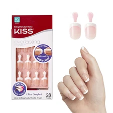 KISS Salon Acrylic Natural Fake Nail Set Short Square Wider Fit 28 Fake Nails