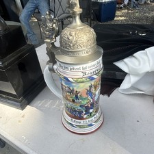 German Lidded Stein Military Scene Breweriana Decorative Collectible
