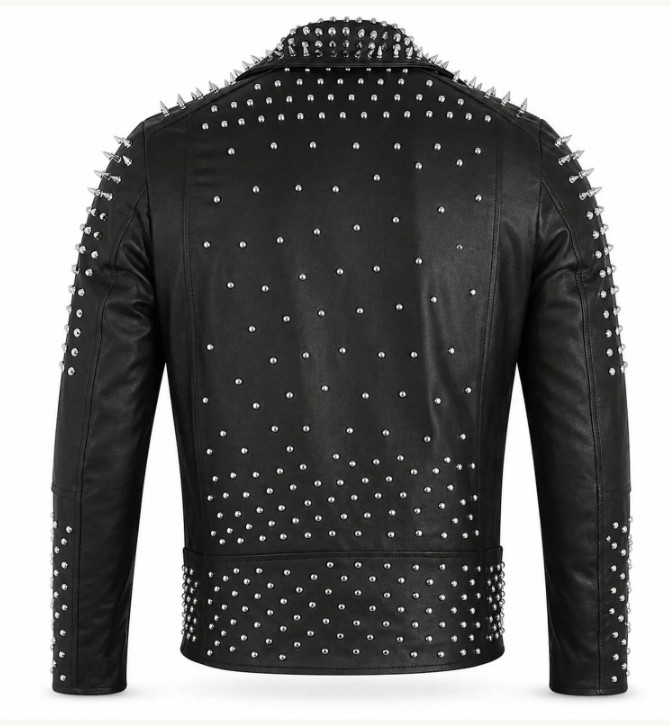 Men's Black Studded Leather Biker Jacket Punk Rock Gothic Spiked Motorcycle Coat - second product detail image