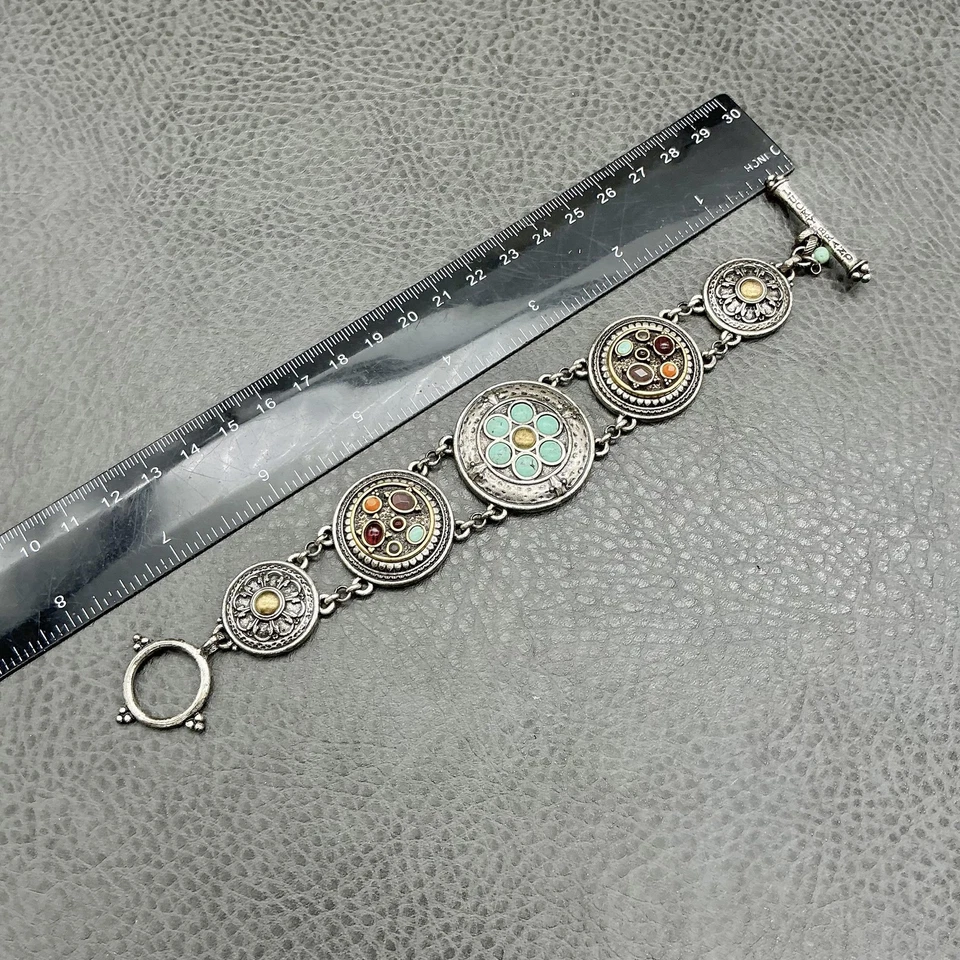 Pulsera medallón boho marca Lucky cierre palanca tono plata turquesa declaración Foto 2 de 4