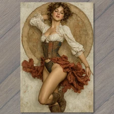 POSTCARD Burlesque Dancer Red Skirt Corset Boots Vintage Western Cabaret Style