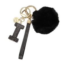 Initial Letter I Keychain with Pom and Rhinestone Wristlet, Grey
