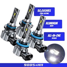 4x H11 9005 LED Headlight KIT Combo Bulbs 6500K High Low Beam Super Bright White
