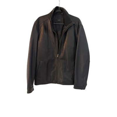 Alfani Mens Genuine Leather Jacket Black Full Zip Mock Neck Coat Large