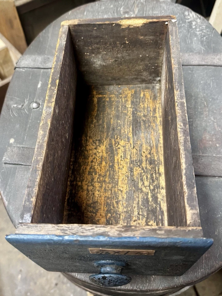 Antique Primitive Single Wood Drawer Hardware Farmhouse Dovetail Box Blue Grey - Image 3 of 4