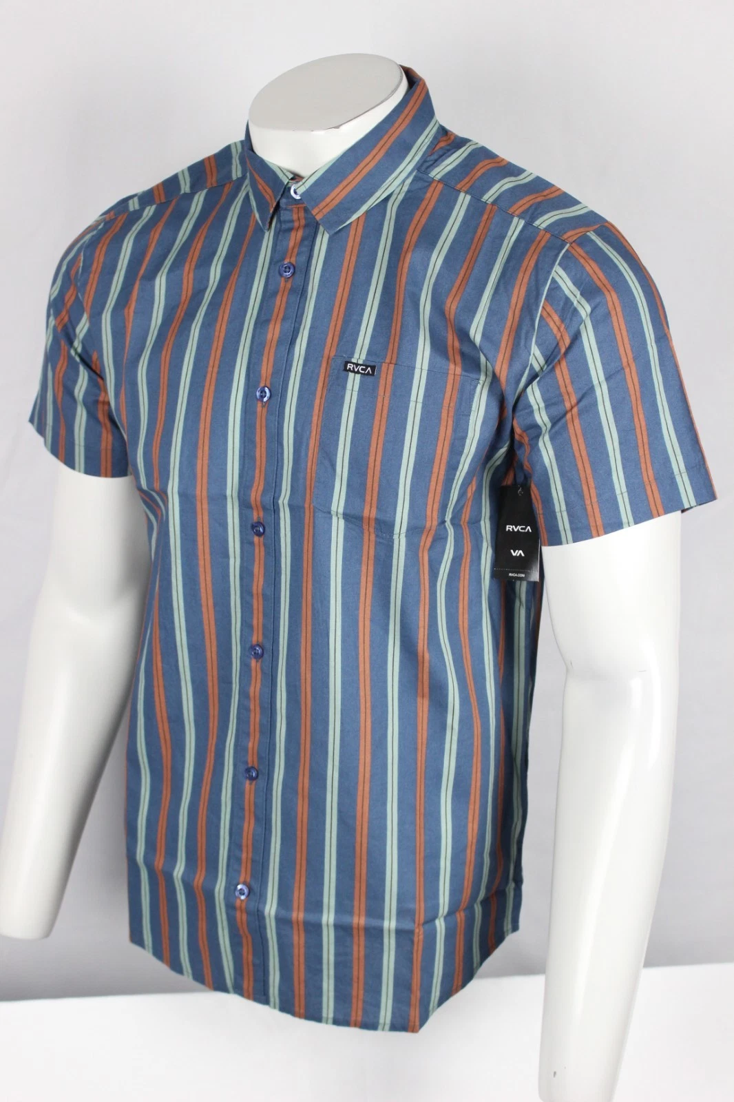 RVCA Men's Kimura Striped Short Sleeve Button Shirt Blue Green CHB Pocket