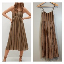 Mango MNG Morocco Dress Brown Black Striped Linen Blend Smocked Midi Size 4