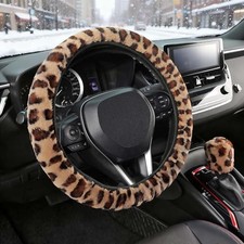 Furry Car Steering Wheel Cover With Gear Shift Cover Soft And Brown Leopard