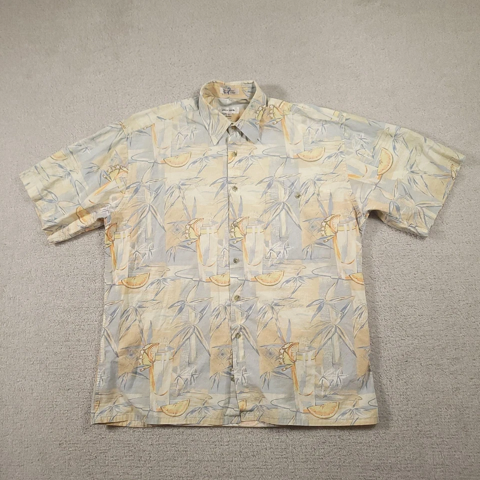 Vintage Pierre Cardin Shirt Mens Large Beige Blue Hawaiian Cocktail Print 90s - Image 2 of 4