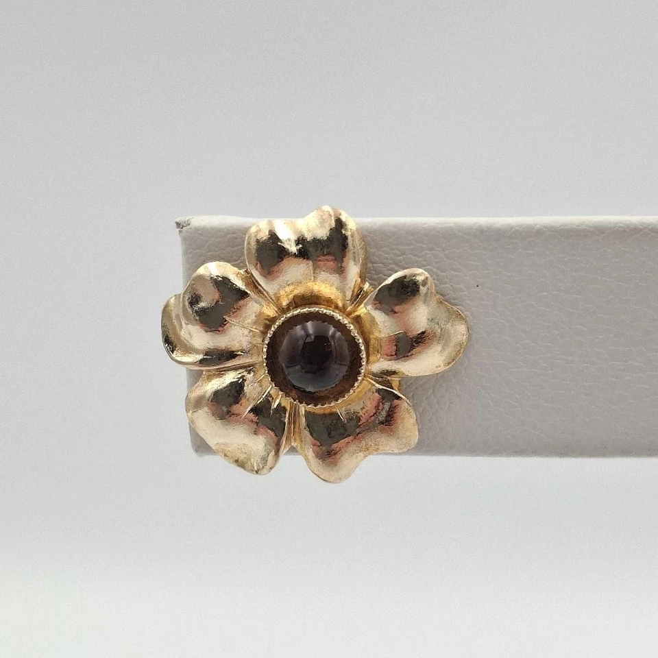 10K Yellow Gold Cabochon Smokey Quartz Bold 5-Petal Flower Stud Earrings - Image 4 of 4