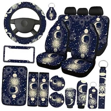  19 Pcs Car Seat Covers, Full Set Car Accessories Steering Wheel Moon Stars Sun