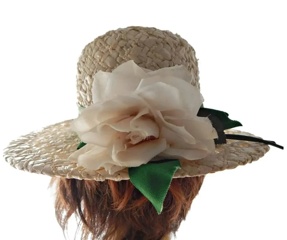 Sombrero de paja de colección MR John para mujer diseñador vintage cúpula alta flor grande ala ancha años 60 Foto 2 de 4