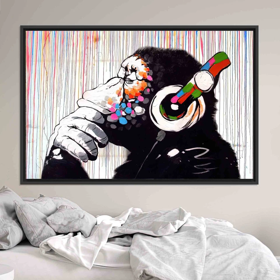 Banksy DJ Monkey, colorido arte de pared en lienzo chimpancé, Banksy Thinking Monkey, Painti Foto 3 de 4