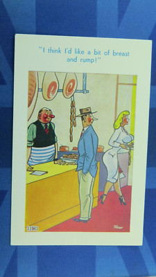 Freche Comic Postkarte 1950er Metzger große Brüste I'LD LIKE A BIT OF BREAST & RUMP