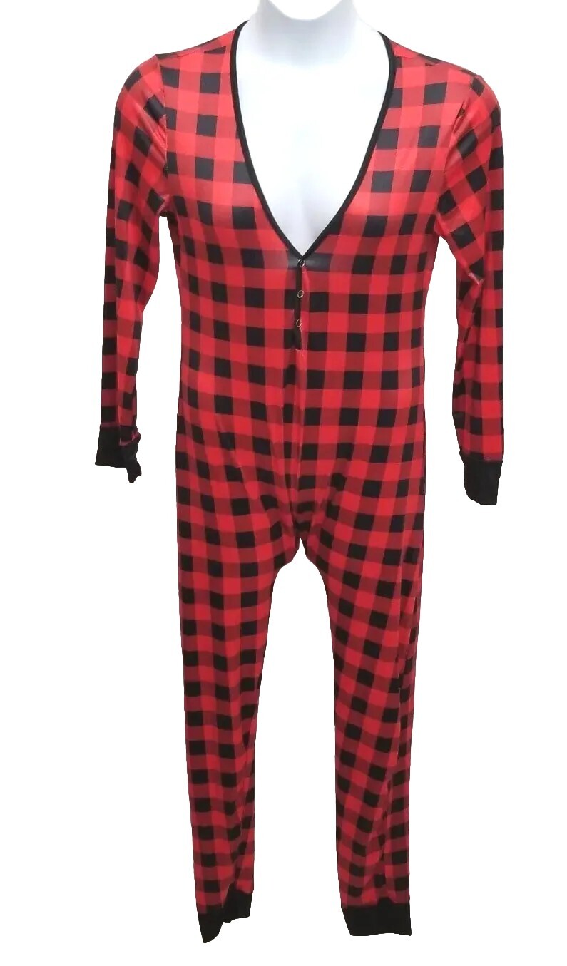 CHIC PLAID Red/Black Size L Buttoned Flap Jumpsuit  Pajama Poly Stretch