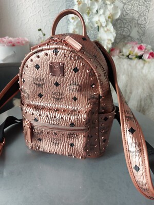 Original MCM Rucksack Tasche Visetos Backpack champagner gold mit Nieten 