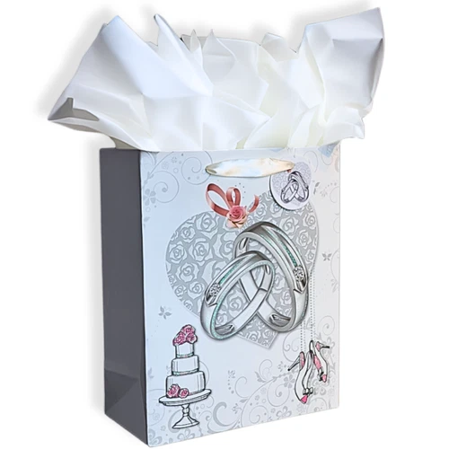 Unique Wedding Gift Bag & Tissue Paper, 12.5" Large with Handles, for Bride