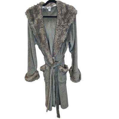 Pottery Barn Womens M Gray Long Sleeves Faux Fur Trim Belted Hooded Bathrobe