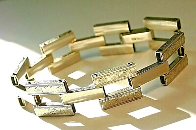 Vintage Sterling Marked Bracelet Brick Link Style Floral 