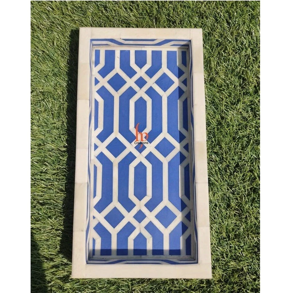 Handmade Bone Inlay Vintage Antique Decorative Rectangular Geometric Tray - Image 3 of 4