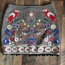 Altar d State olive green linen floral embroidered mini skirt Size S Pom Pom Gs