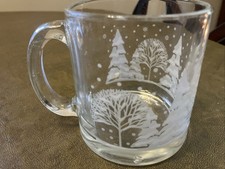 Clear Glass Mug, Made in USA, Winter Scene w/ Trees and Snowflakes, 12 oz.