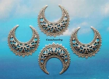 #1321 SMALL ANTIQUED .925 STERLING SILVER PLATED OPEN FILIGREE CRESCENT - 4 Pcs