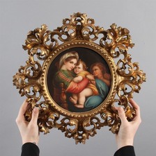 Antique Madonna Della Sedia Porcelain Painting w/ Carved Gold Gilt Rococo Frame