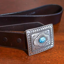 Nocona Belt Co. Western Leather Belt 28 Silver Concho Buckle Turquoise Stone