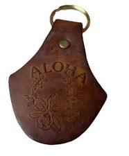VTG Hawaiian Leather Keychain Aloha Fob Brown Key Ring Flowers Made In Hawaii