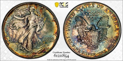 1987 American Silver Eagle $1 PCGS MS 66 Beautifully Toned