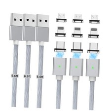 Magnetic Charging Cable 3A Fast Charging 3 Pack, 3 in 1 6.6/6.6/6.6ft Silver