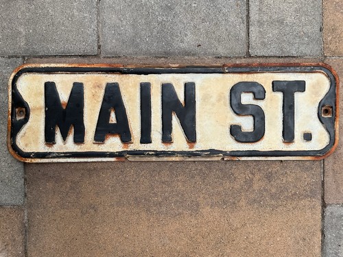 Vintage Retired 50’s Heavy Embossed Metal Black White Street Sign MAIN ST. 20x6