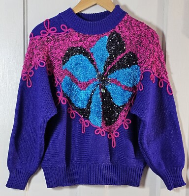 VTG Jaclyn Smith Sweater Women's L Purple Pink Beaded Glam Metallic Grannycore