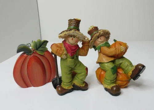 Fall Scarecrow Pumpkin 3 pc Figurine Set Autumn Thanksgiving Table Decor