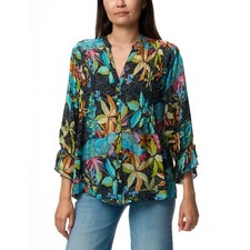 Johnny Was Vacanza Blouse Paon Floral Black Button Flower Blue Shirt Top NEW