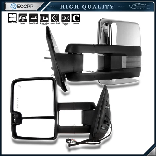Chrome Tow Mirrors For 07-13 Chevy Silverado Sierra Power Heated LED Signal Pair