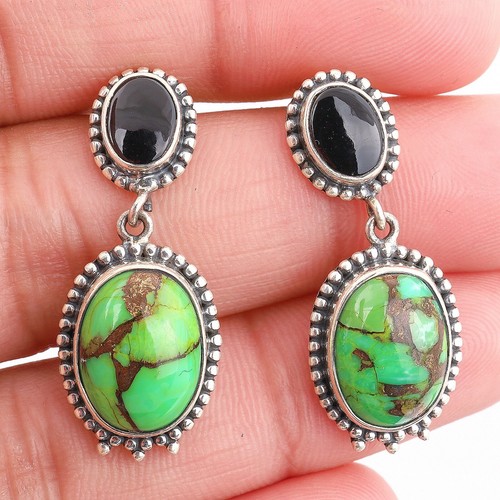 Boucles D'oreilles En Argent Sterling 925 Avec Onyx Noir - Pierres Précieuses, Longueur 2 Pouces, Fait Main En Inde